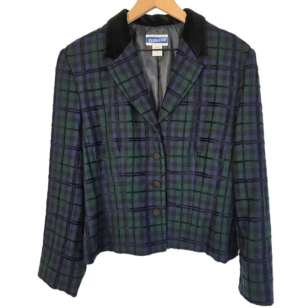 Pendleton Vintage Plaid Wool Blazer Jacket Blue Green Sz 12